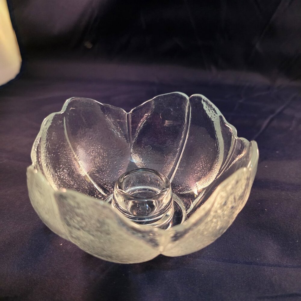 Vintage Anchor Hocking clear glass floral candlestick holder.